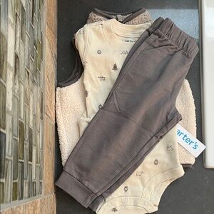 Carter's Beige & Brown Jogger Set with Printed Bodysuit
